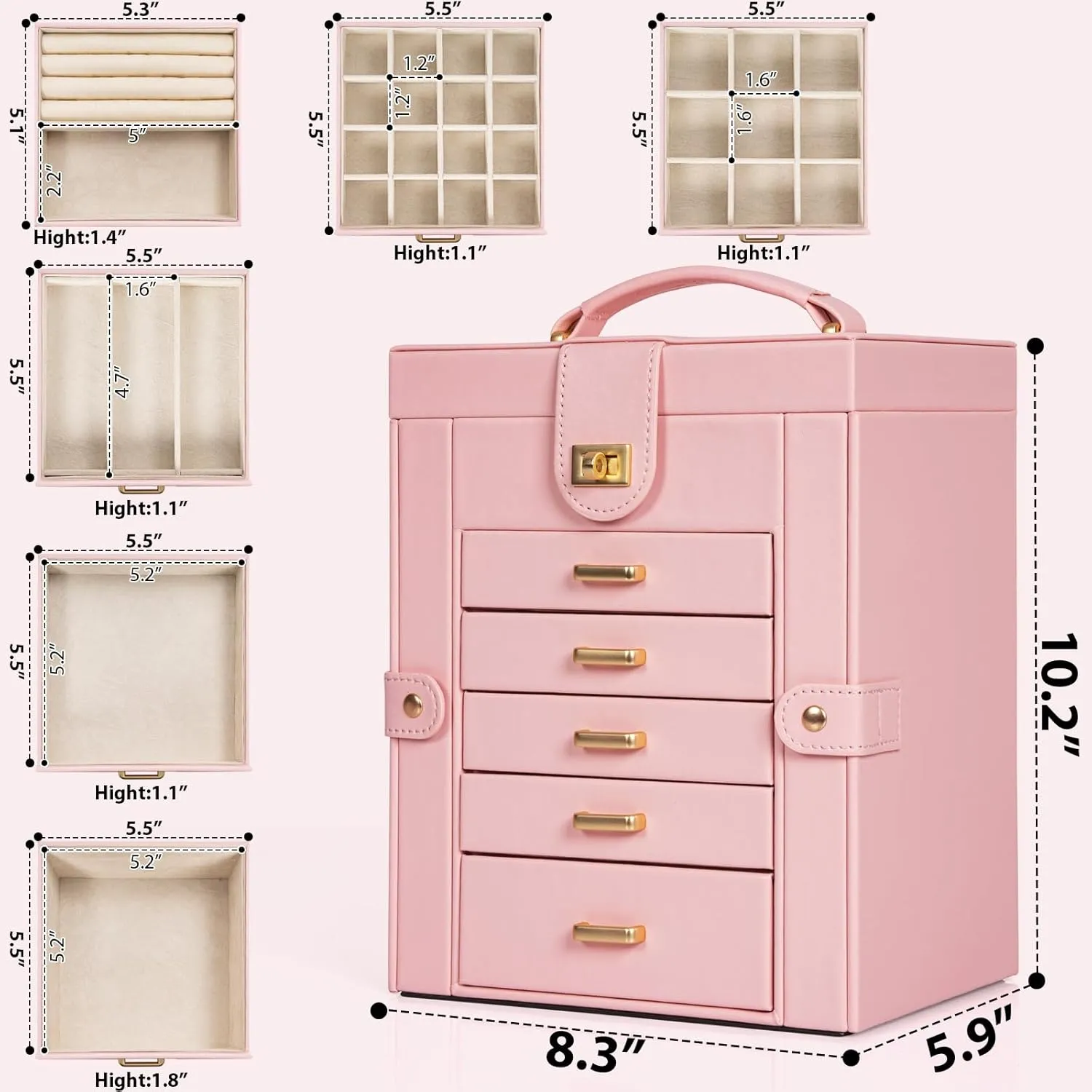 AKOZLIN Large Jewelry Box Organizer Functional with Big Mirror, Leather Jewelry Storage Case for Women Girls Ring Necklace Earring Bracelet Holder Organizer