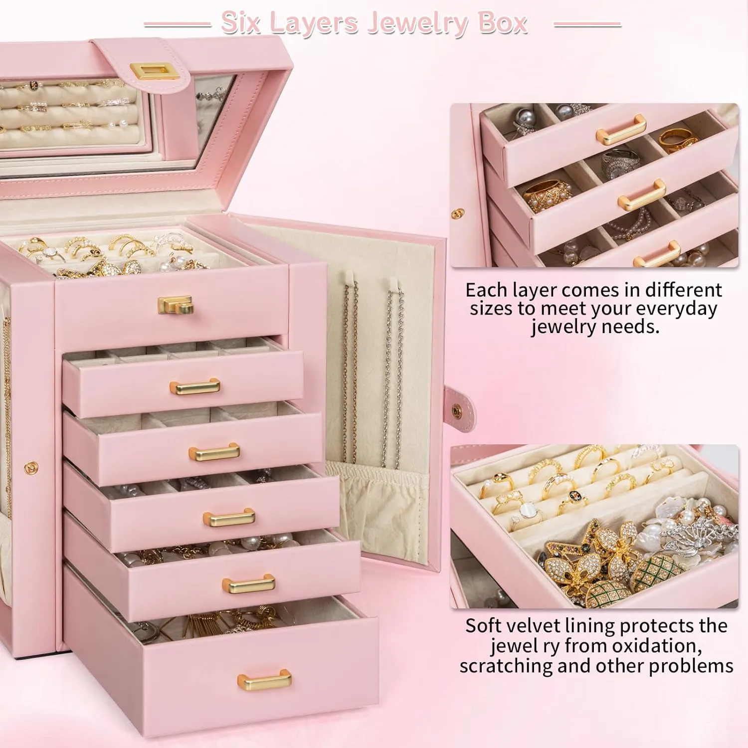 AKOZLIN Large Jewelry Box Organizer Functional with Big Mirror, Leather Jewelry Storage Case for Women Girls Ring Necklace Earring Bracelet Holder Organizer