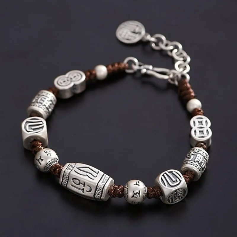 Ancient Silver Hand-woven Bracelet with Beads, Religious Style, Suitable for All Occasions