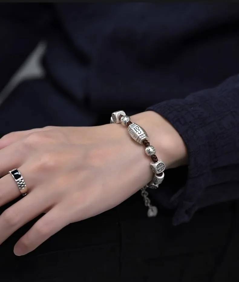 Ancient Silver Hand-woven Bracelet with Beads, Religious Style, Suitable for All Occasions