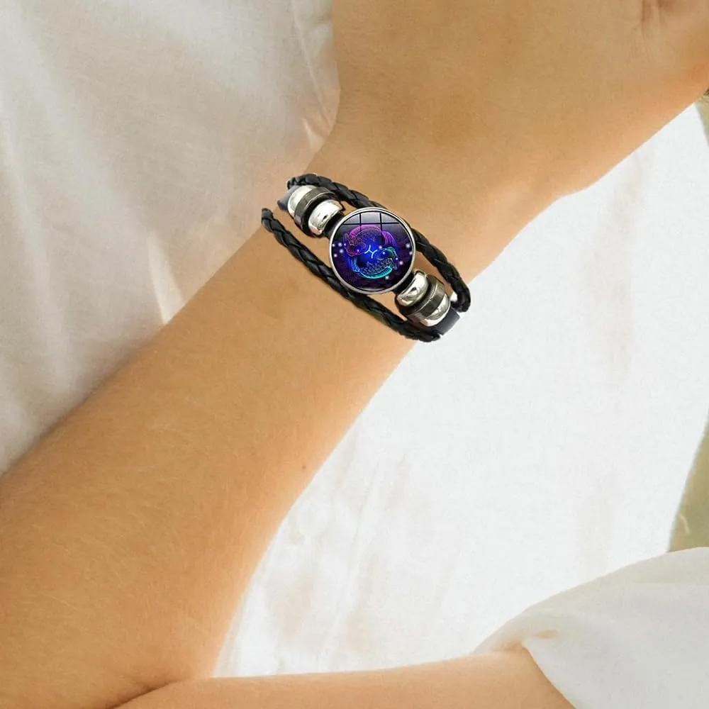 Atiptu Zodiac Signs Spirit Bracelet Multilayer Adjustable 12 Constellation Zodiac Leather Bracelets for Women Men Handmade Woven Glow in the Dark Zodiac Jewelry for Constellation Lover