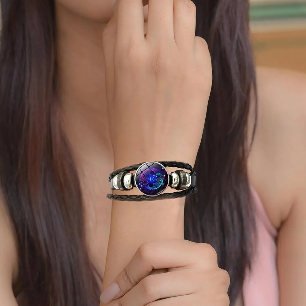Atiptu Zodiac Signs Spirit Bracelet Multilayer Adjustable 12 Constellation Zodiac Leather Bracelets for Women Men Handmade Woven Glow in the Dark Zodiac Jewelry for Constellation Lover