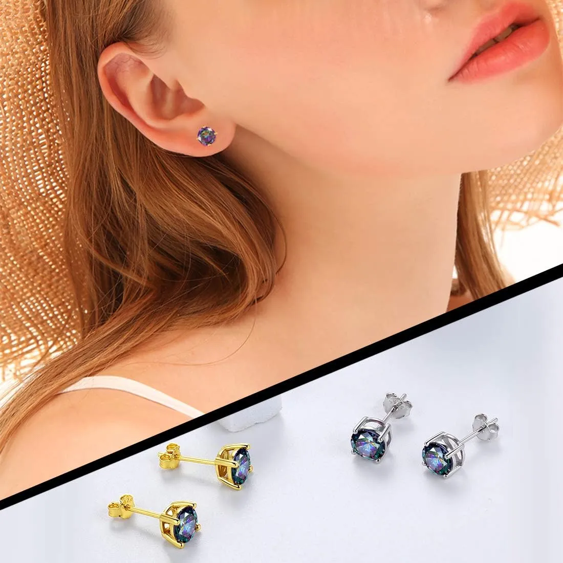 Aurora Tears Mystic-topaz Rainbow Studs Earrings Men 925 Sterling Silver Women Small Stud Crystal Cubic Zirconia Minimalist Stud Earring Girls Dating Jewelry Boys Gift