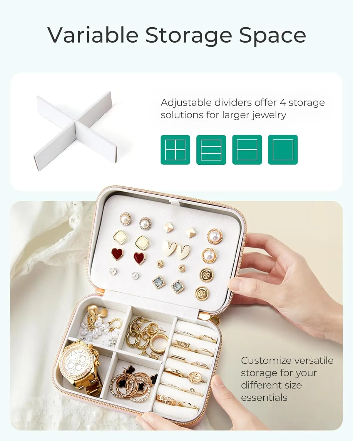 BAGSMART Travel Jewelry Box, Small PU Leather Jewelry Organizer, Portable Double Layer Case for Necklaces, Rings, Earrings, Bracelets, Beige