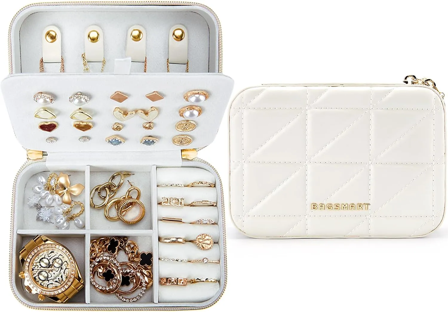 BAGSMART Travel Jewelry Box, Small PU Leather Jewelry Organizer, Portable Double Layer Case for Necklaces, Rings, Earrings, Bracelets, Beige