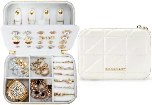 BAGSMART Travel Jewelry Box, Small PU Leather Jewelry Organizer, Portable Double Layer Case for Necklaces, Rings, Earrings, Bracelets, Beige