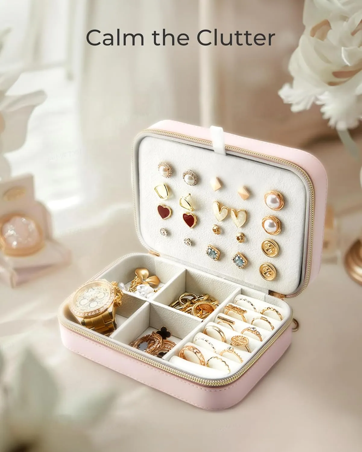 BAGSMART Travel Jewelry Box, Small PU Leather Jewelry Organizer, Portable Double Layer Case for Necklaces, Rings, Earrings, Bracelets, Beige