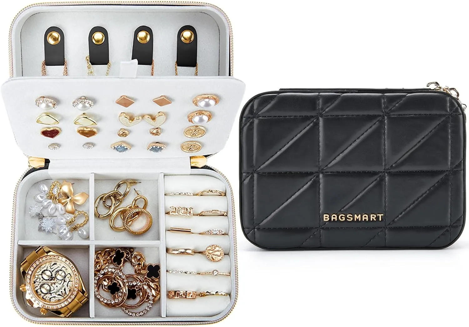 BAGSMART Travel Jewelry Box, Small PU Leather Jewelry Organizer, Portable Double Layer Case for Necklaces, Rings, Earrings, Bracelets, Black
