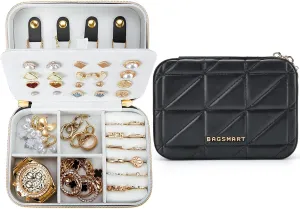 BAGSMART Travel Jewelry Box, Small PU Leather Jewelry Organizer, Portable Double Layer Case for Necklaces, Rings, Earrings, Bracelets, Black
