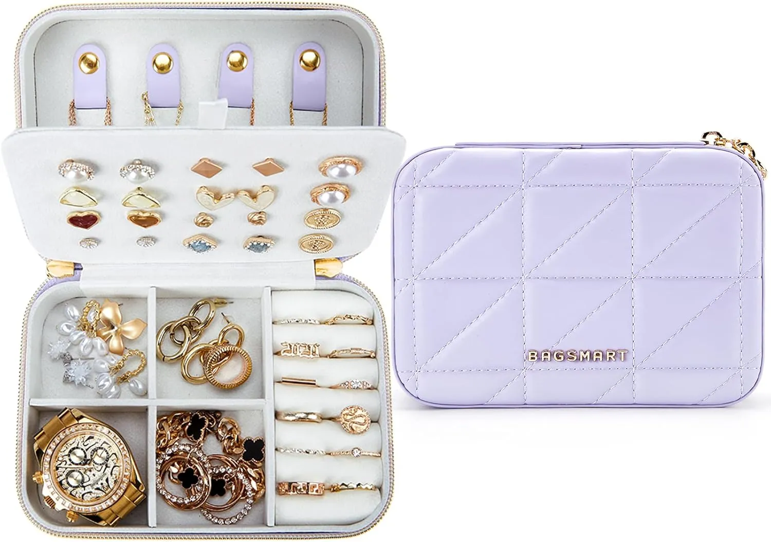 BAGSMART Travel Jewelry Box, Small PU Leather Jewelry Organizer, Portable Double Layer Case for Necklaces, Rings, Earrings, Bracelets, Lilac Purple