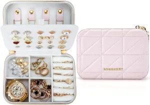 BAGSMART Travel Jewelry Box, Small PU Leather Jewelry Organizer, Portable Double Layer Case for Necklaces, Rings, Earrings, Bracelets, Pink