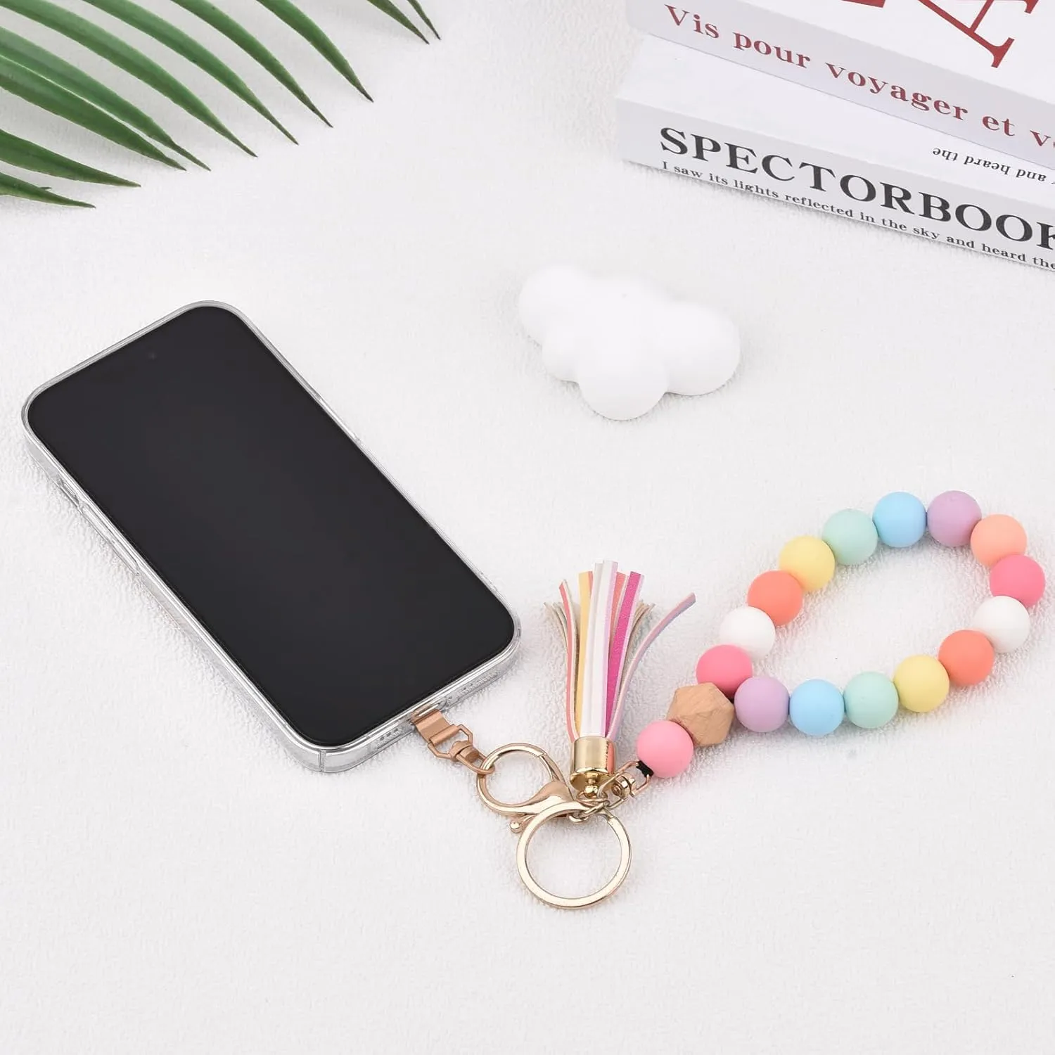BAOSIWA Silicone Key Ring Bracelet Wristlet Keychain Unique Beaded Bangle Key Chains for Women with Leather Tassel