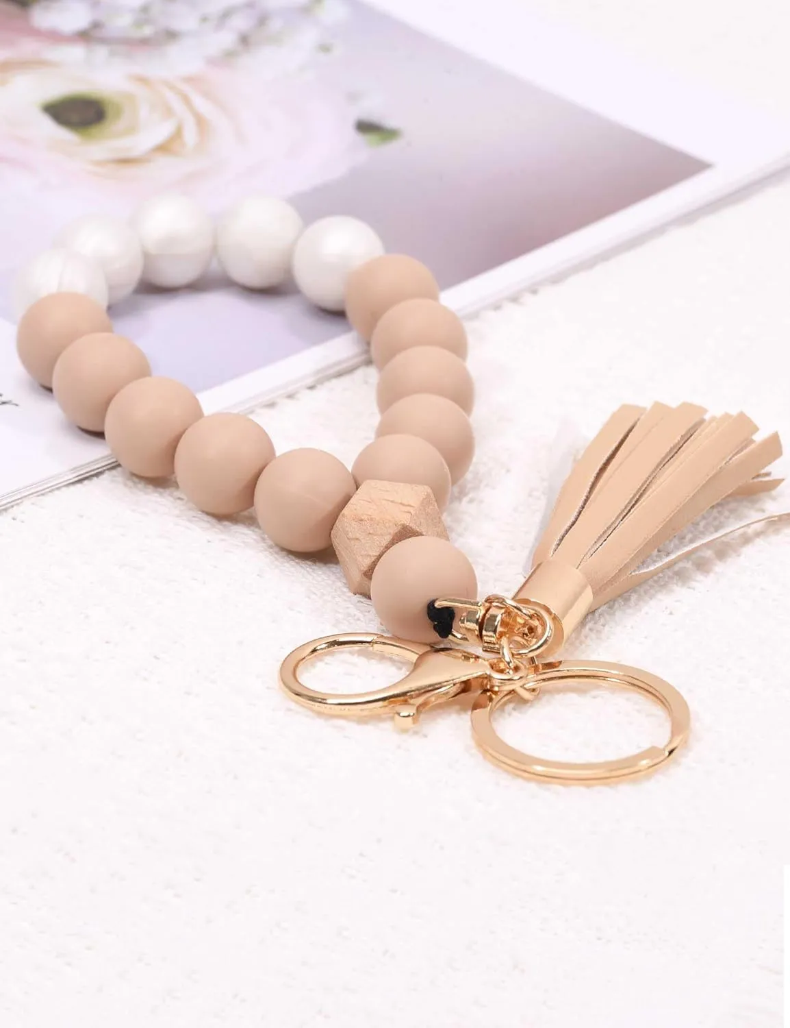 BAOSIWA Silicone Key Ring Bracelet Wristlet Keychain Unique Beaded Bangle Key Chains for Women with Leather Tassel