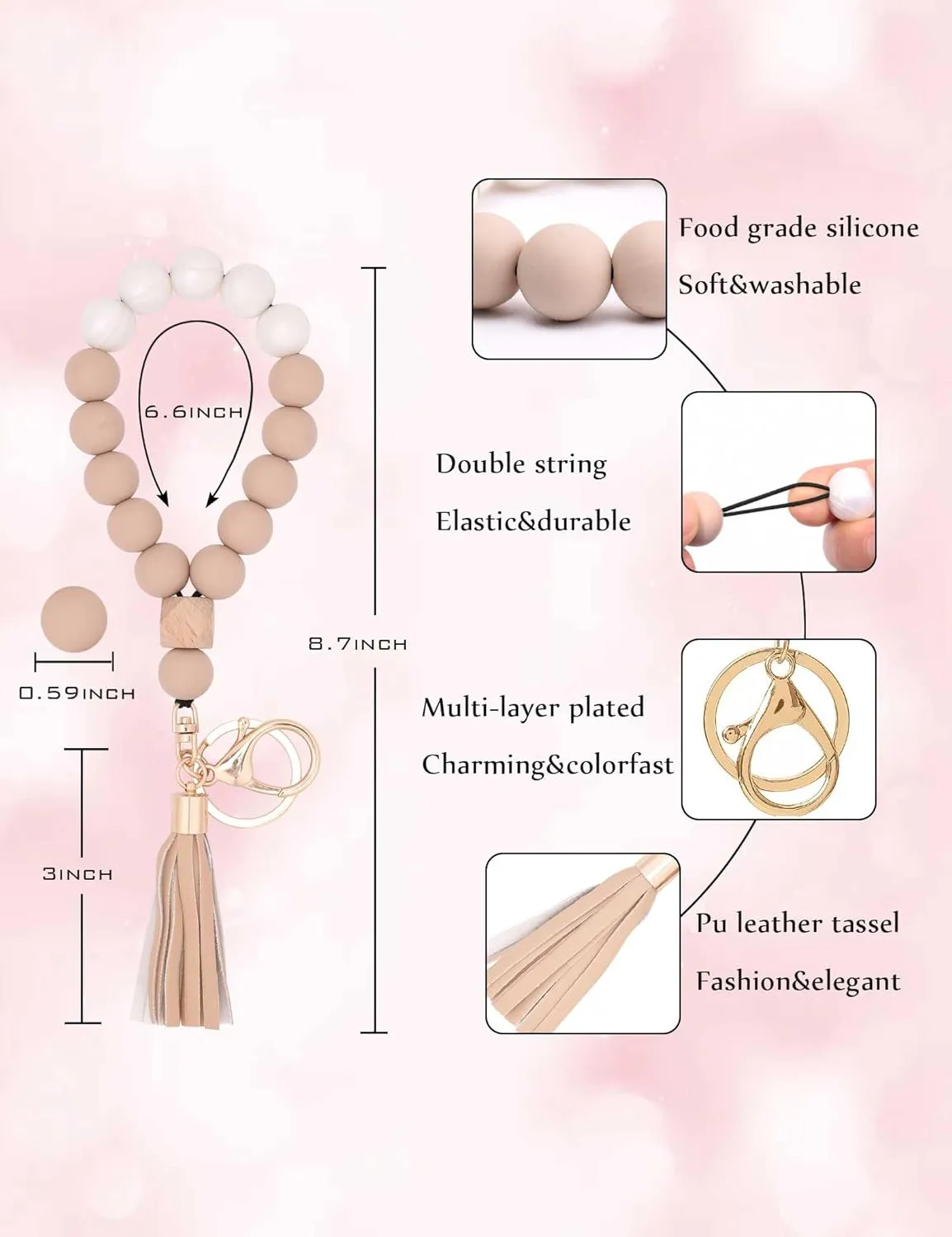 BAOSIWA Silicone Key Ring Bracelet Wristlet Keychain Unique Beaded Bangle Key Chains for Women with Leather Tassel