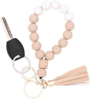 BAOSIWA Silicone Key Ring Bracelet Wristlet Keychain Unique Beaded Bangle Key Chains for Women with Leather Tassel