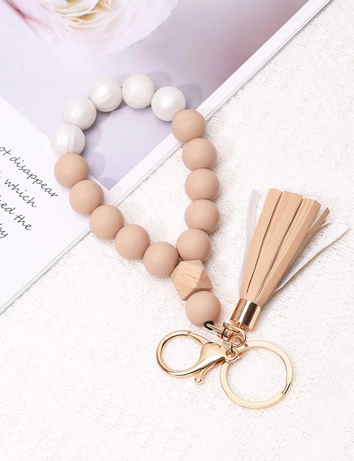 BAOSIWA Silicone Key Ring Bracelet Wristlet Keychain Unique Beaded Bangle Key Chains for Women with Leather Tassel