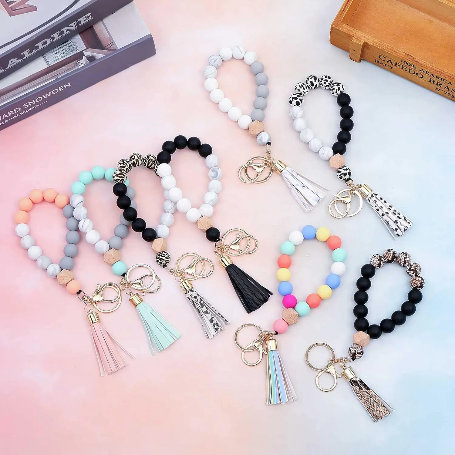 BAOSIWA Silicone Key Ring Bracelet Wristlet Keychain Unique Beaded Bangle Key Chains for Women with Leather Tassel
