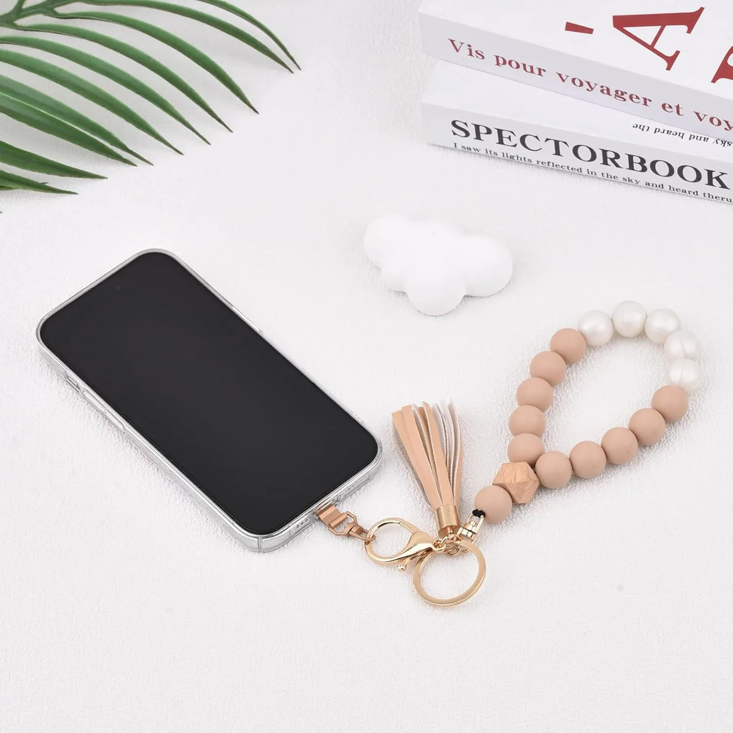 BAOSIWA Silicone Key Ring Bracelet Wristlet Keychain Unique Beaded Bangle Key Chains for Women with Leather Tassel
