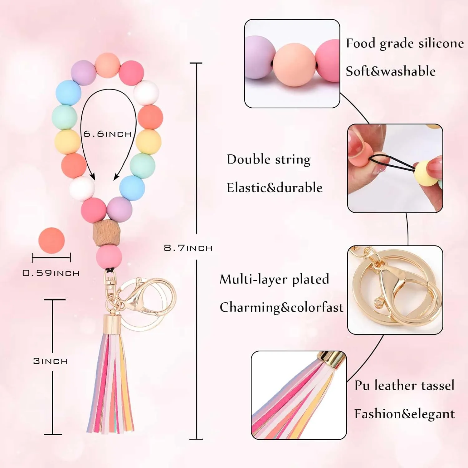 BAOSIWA Silicone Key Ring Bracelet Wristlet Keychain Unique Beaded Bangle Key Chains for Women with Leather Tassel