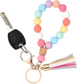 BAOSIWA Silicone Key Ring Bracelet Wristlet Keychain Unique Beaded Bangle Key Chains for Women with Leather Tassel