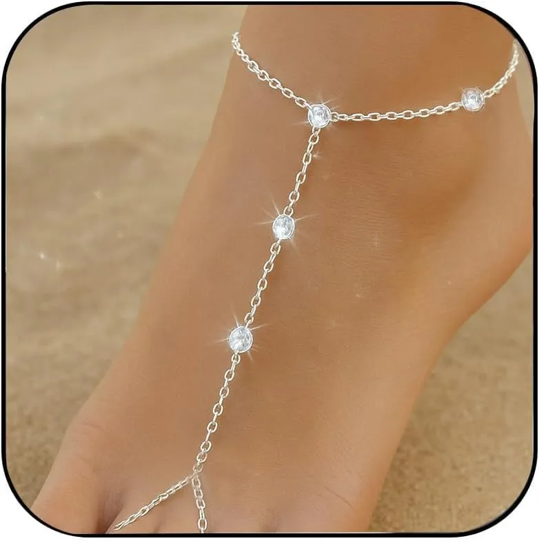 Beaded Ankle Bracelets for Women With Toe Ring Foot Chain Waterproof Boho Rhinestone Adjustable Foot Chain Wedding Jewelry for Bride