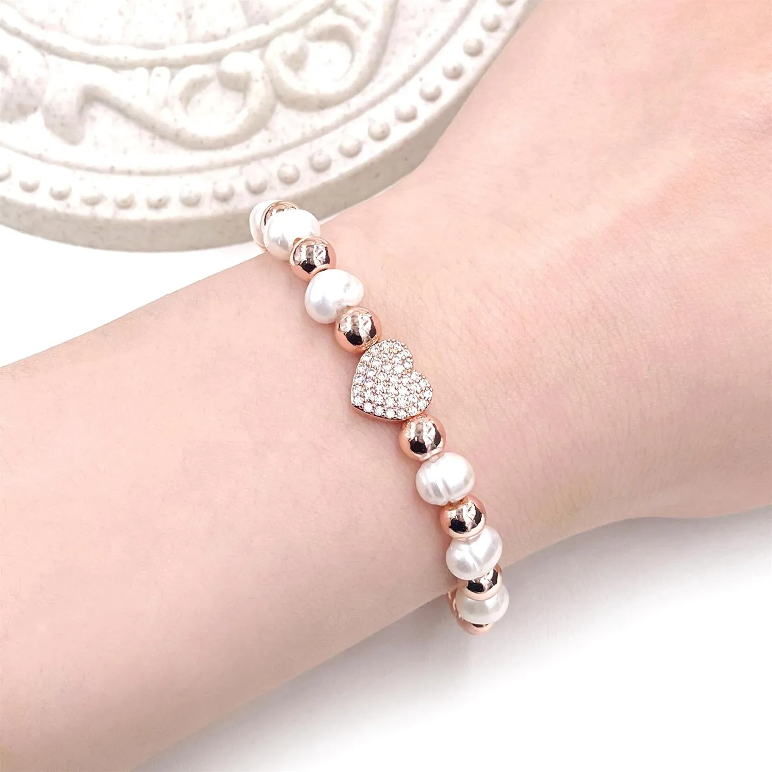 Beaded Natural Pearl Heart Stretch Bracelet | Elegant Delicate Friendship Zirconia Design Bracelets | Purity Symbolism Jewelry YA4767