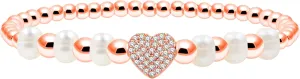 Beaded Natural Pearl Heart Stretch Bracelet | Elegant Delicate Friendship Zirconia Design Bracelets | Purity Symbolism Jewelry YA4767