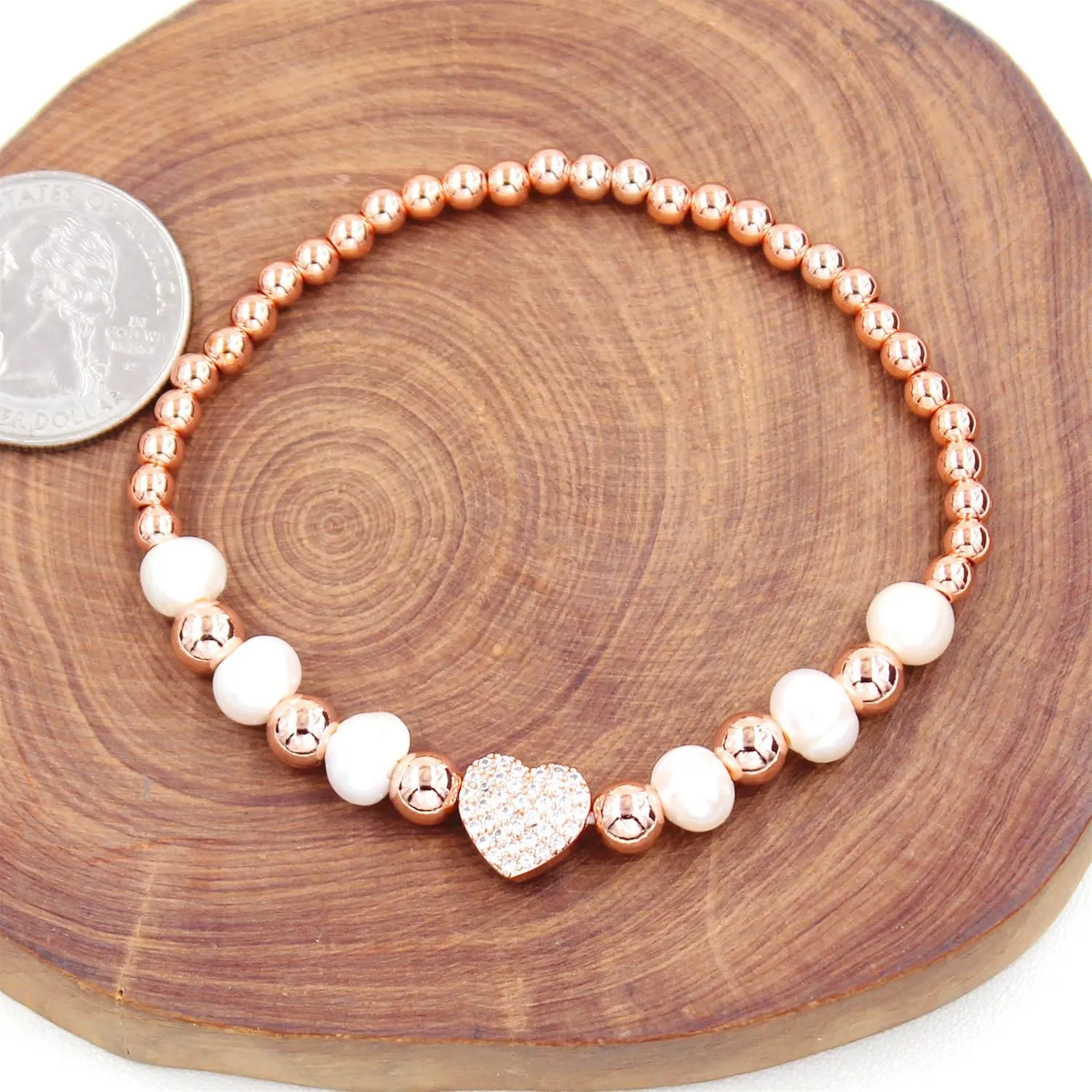 Beaded Natural Pearl Heart Stretch Bracelet | Elegant Delicate Friendship Zirconia Design Bracelets | Purity Symbolism Jewelry YA4767