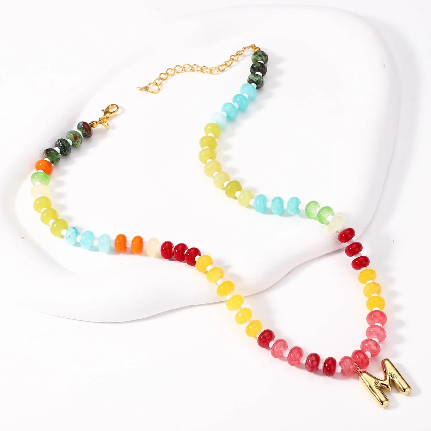 Beaded Necklaces for Women, Colorful Natural Stone Gemstone Necklace Charm Bead Initial Letter Pendant Statement Necklace Boho Summer Beach Handmade Jewelry Gift