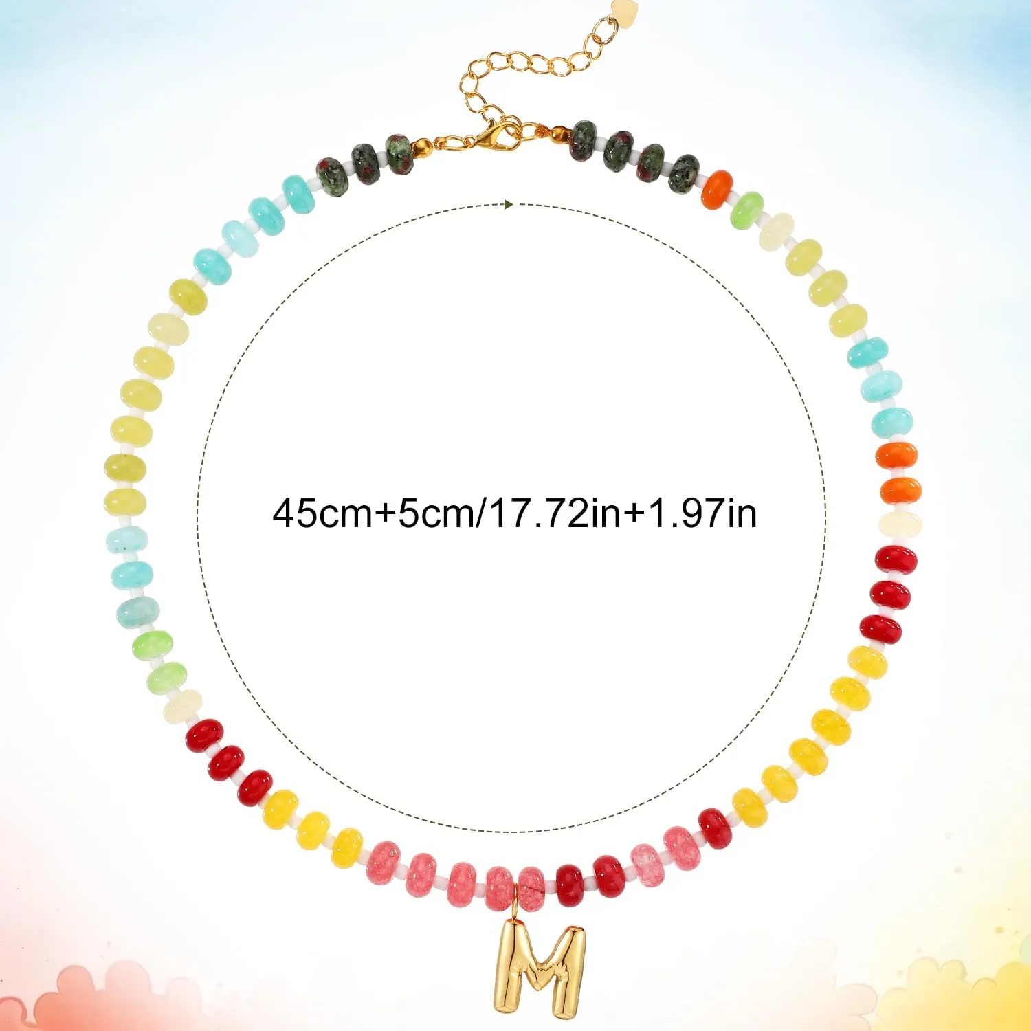 Beaded Necklaces for Women, Colorful Natural Stone Gemstone Necklace Charm Bead Initial Letter Pendant Statement Necklace Boho Summer Beach Handmade Jewelry Gift