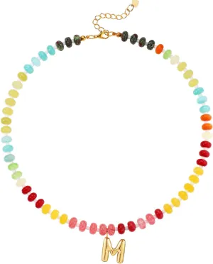 Beaded Necklaces for Women, Colorful Natural Stone Gemstone Necklace Charm Bead Initial Letter Pendant Statement Necklace Boho Summer Beach Handmade Jewelry Gift