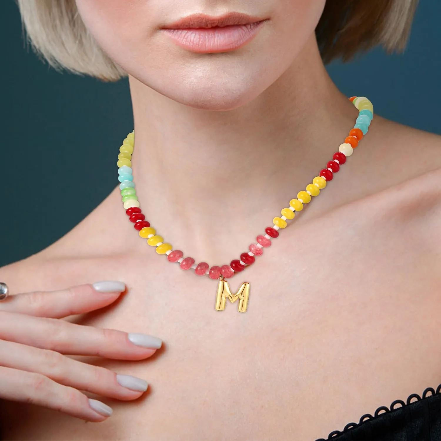 Beaded Necklaces for Women, Colorful Natural Stone Gemstone Necklace Charm Bead Initial Letter Pendant Statement Necklace Boho Summer Beach Handmade Jewelry Gift