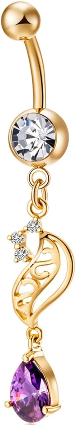 Belly Button Piercing Surgical Steel, Unique Dangling Gold Stainless Steel Navel Ring Purple Cubic Zirconia Belly Ring Vintage
