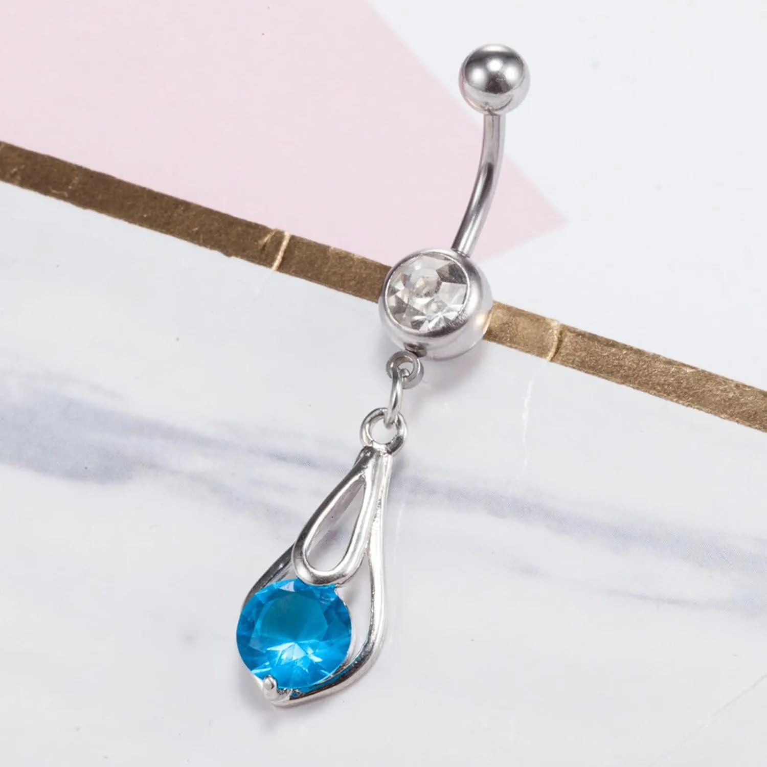 Belly Button Ring 14 Gauge Surgical Steel, Water Drop Belly Button Ring Dangle Unique Cubic Zirconia Belly Piercing 14G