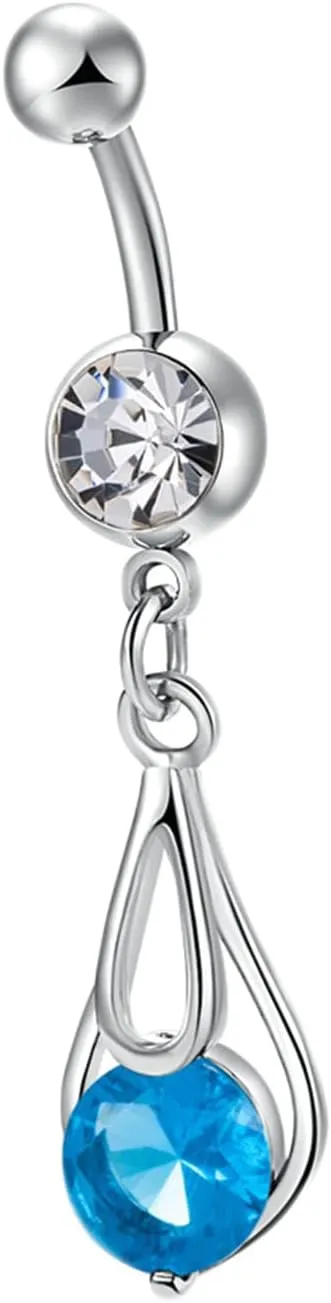 Belly Button Ring 14 Gauge Surgical Steel, Water Drop Belly Button Ring Dangle Unique Cubic Zirconia Belly Piercing 14G