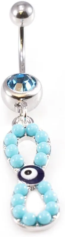 Belly Button Ring with Aqua Jewel and Unique Owl, Anchor, Hamsa Hand, Infinite Love and Owl Navel Dangle Design