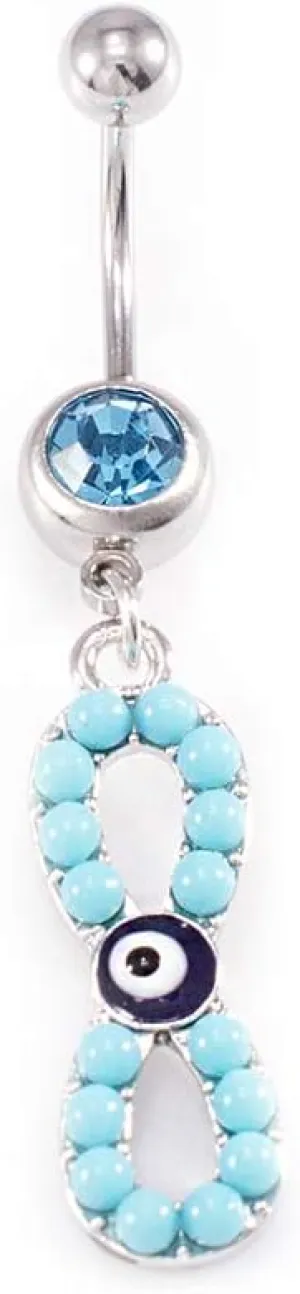 Belly Button Ring with Aqua Jewel and Unique Owl, Anchor, Hamsa Hand, Infinite Love and Owl Navel Dangle Design