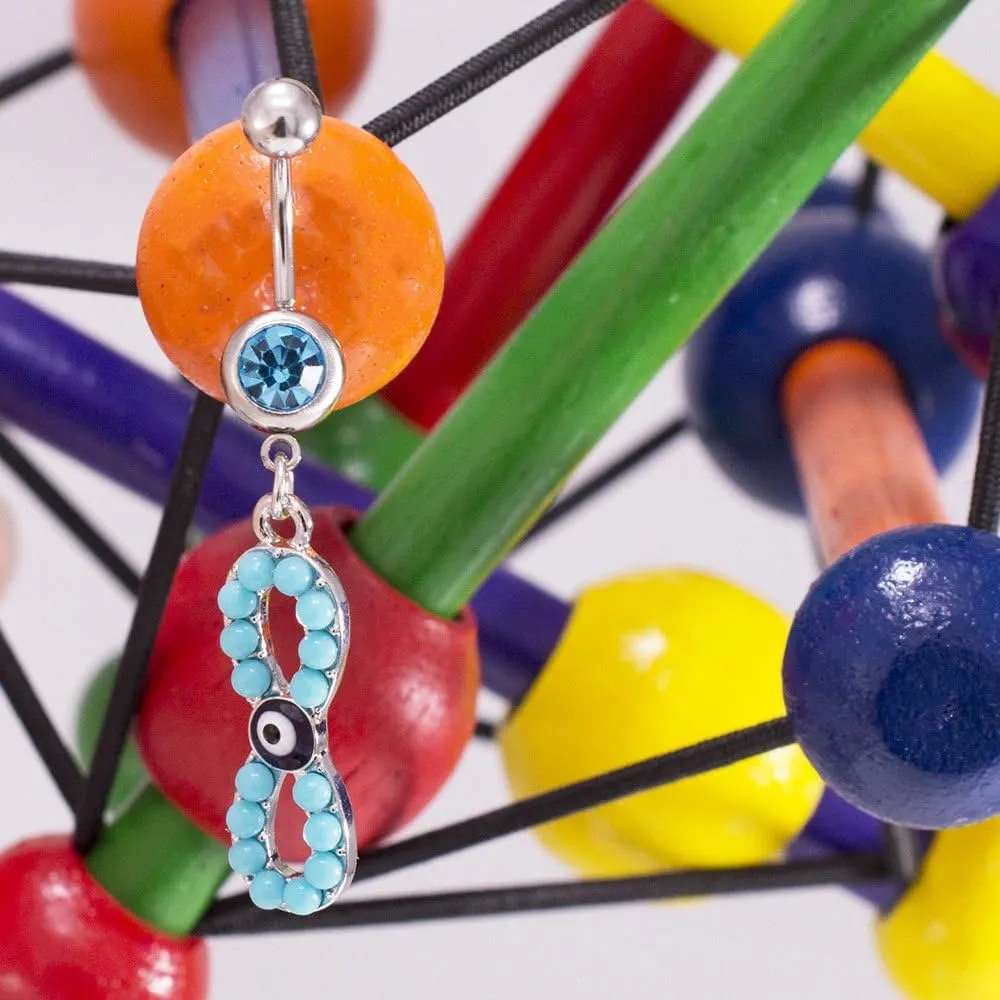 Belly Button Ring with Aqua Jewel and Unique Owl, Anchor, Hamsa Hand, Infinite Love and Owl Navel Dangle Design