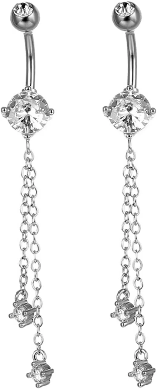 Belly Button Rings Surgical Steel Dangle, 2Pcs Navel Ring Unique Silver Cubic Zirconia 14G Dangle Belly Rings for Women Sexy