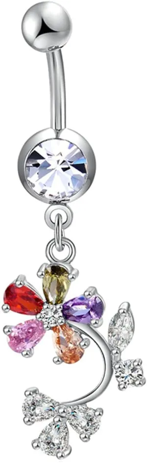 Belly Piercing, Stainless Steel Flower with Colorful Cubic Zirconia Navel Rings, Colorful 4.79G