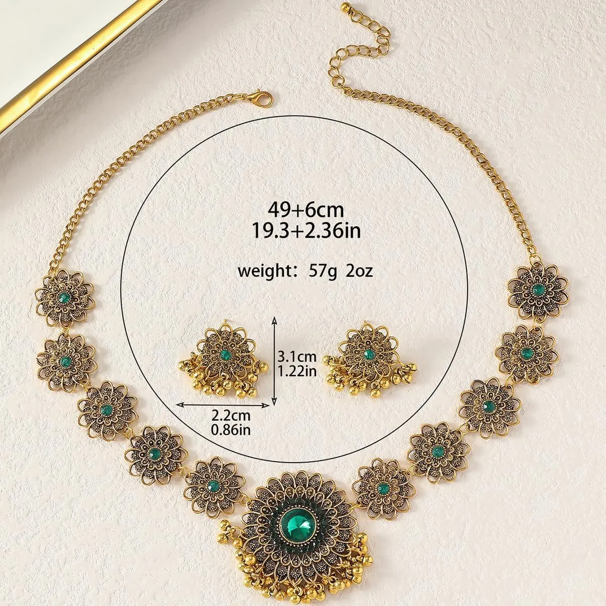 Bethynas Indian Jewelry Set for Women Boho Gold Crystal Flower Choker Necklace Retro Dangle Drop Earrings Traditional Bridal Wedding Belly Dance Accessories Set