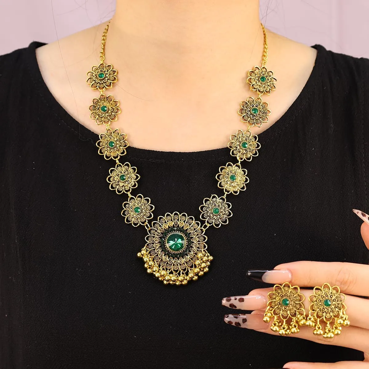 Bethynas Indian Jewelry Set for Women Boho Gold Crystal Flower Choker Necklace Retro Dangle Drop Earrings Traditional Bridal Wedding Belly Dance Accessories Set