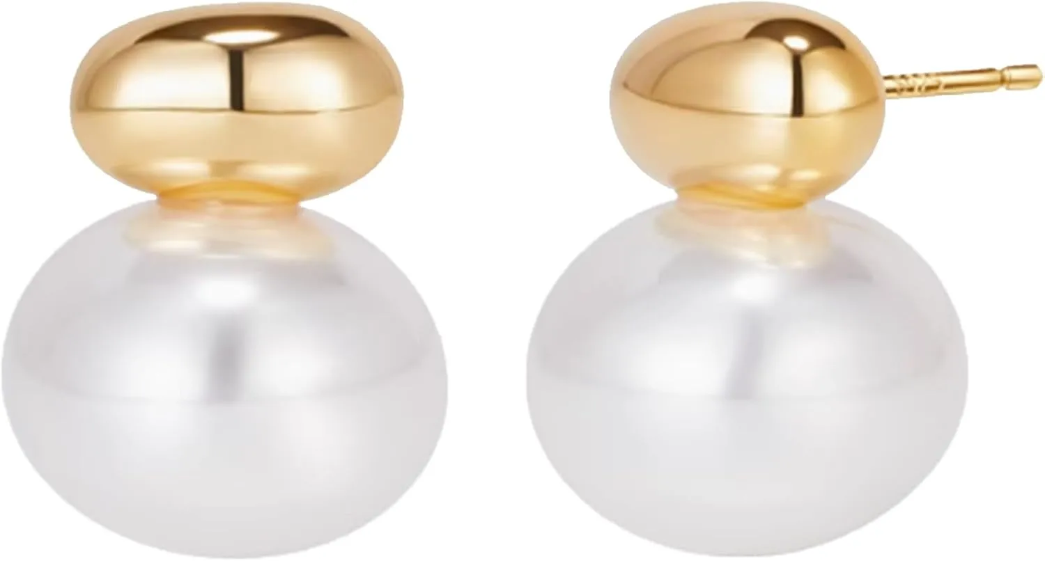 Bi&Yamigeo Pearl Drop Stud Earrings for Women 18K Gold Plated Big Round Pearl Pendant Dangle Dupes Jewelry for Wedding Bridal Bridesmaid Birthday