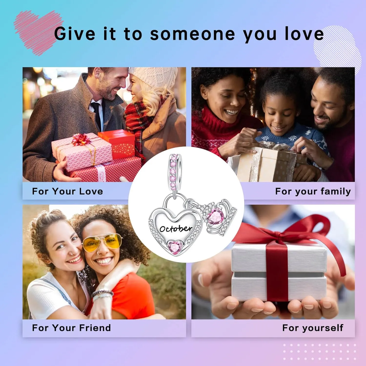 Birthstone Charms 925 Sterling Silver Cubic Zirconia Heart Dangle Charms fit for Bracelets and Necklaces Jewelry Gift
