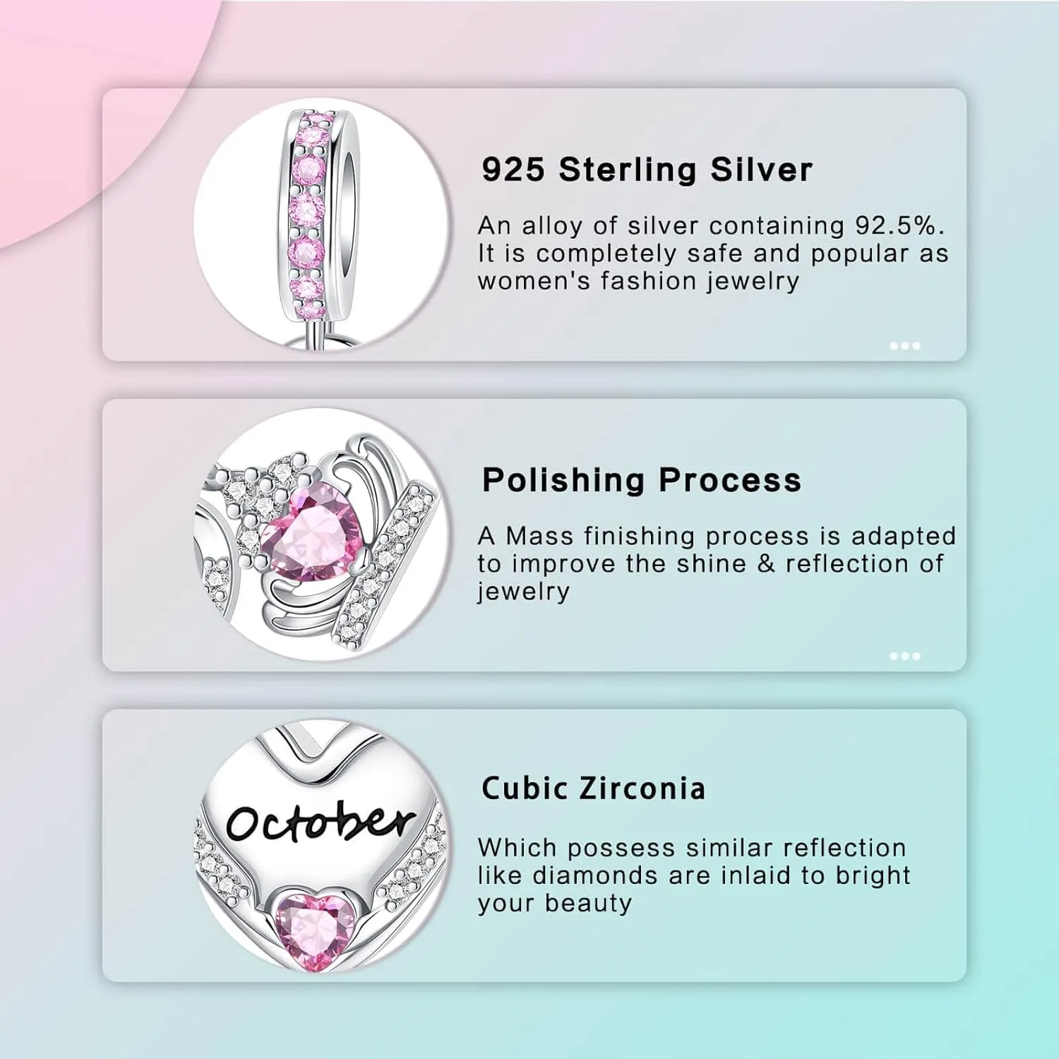 Birthstone Charms 925 Sterling Silver Cubic Zirconia Heart Dangle Charms fit for Bracelets and Necklaces Jewelry Gift