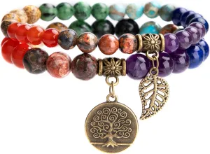Bivei Natural Semi Precious Gemstone beads bracelet for women - Life Tree and Leaf Charm Energy Reiki Crystal Stretch Bracelets