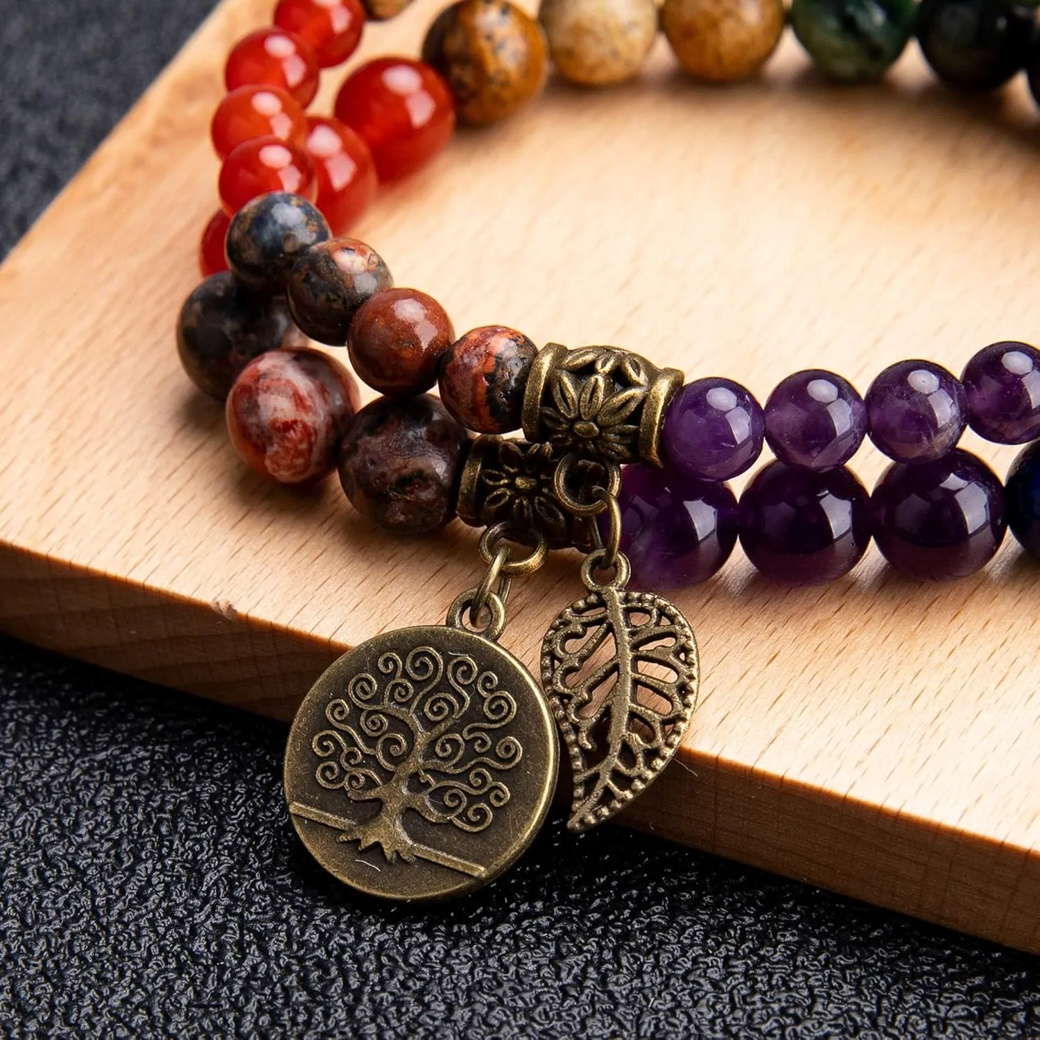 Bivei Natural Semi Precious Gemstone beads bracelet for women - Life Tree and Leaf Charm Energy Reiki Crystal Stretch Bracelets