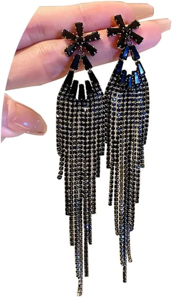 Black Rhinestone Long Tassel Earrings for Women,Crystal Fringe Black Dangle Drop Earrings Zircon Strand Earrings Fashion Exaggeration Black Earrings Jewelry Gifts