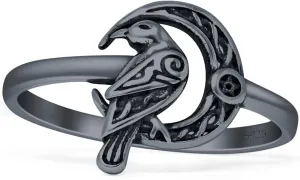 Blue Apple Co. Minimalist 12mm Celtic Raven Crescent Moon Ring Oxidized Filigree Design Vintage Style Pentagram Fashion Statement Rings For Women 925 Sterling Silver Gift For Her