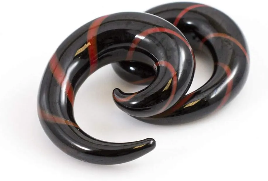 BodyJewelryOnline Pair of Black & Red Glass Tapers Stripe Spiral Design